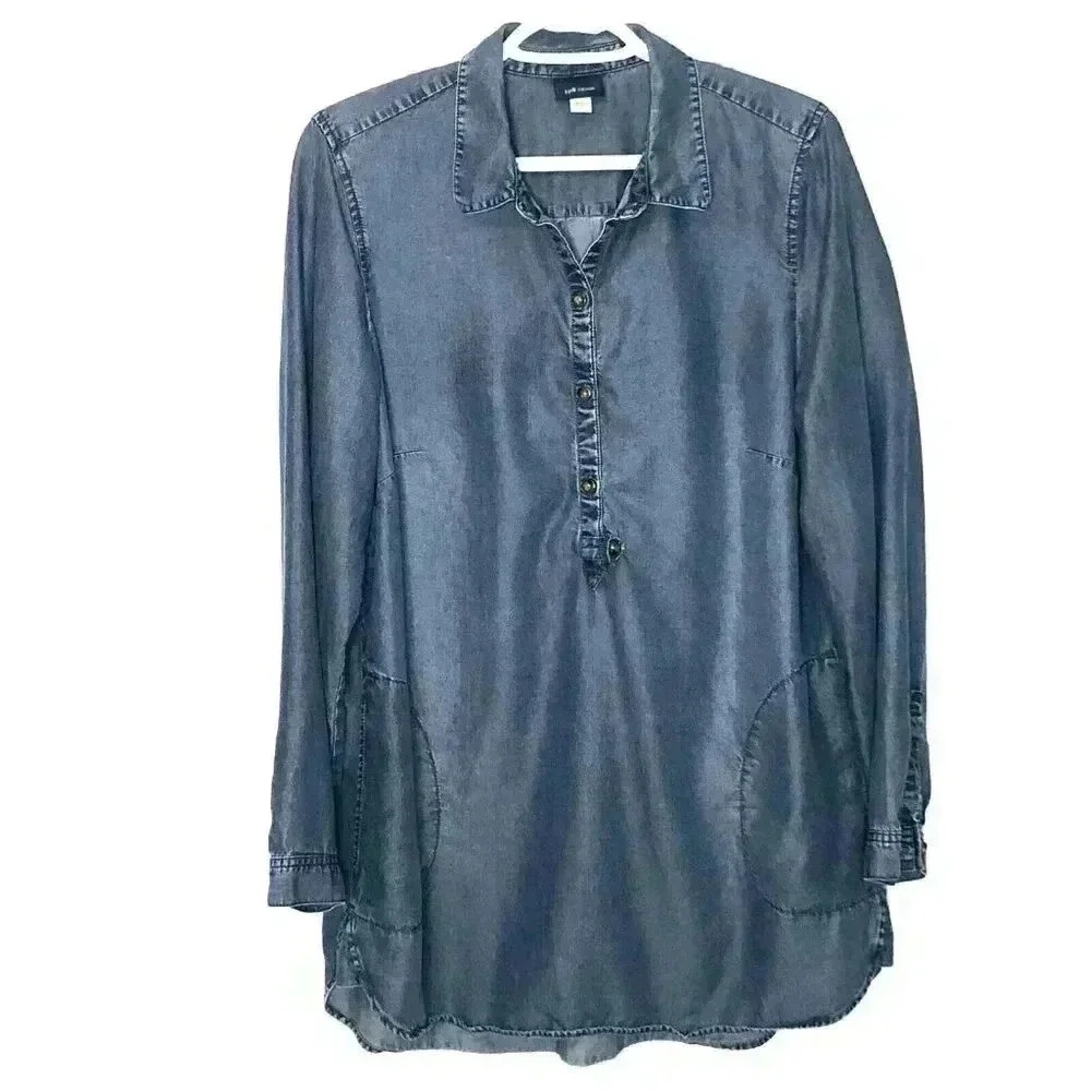 J Jill Denim Chambray Tunic Shirt Top M long sleeve pockets blue